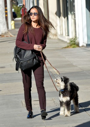 Jamie Chung walking her dog in LA