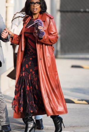 Jennifer Hudson - Dons red trench coat for Jimmy Kimmel appearance in Hollywood