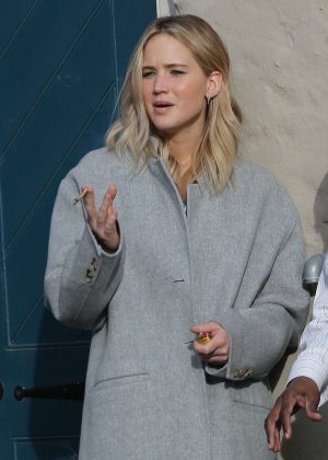 Jennifer Lawrence in Gray Coat at Peche in New Orleans