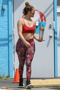 Jennifer Lopez in Red Sports Bra and Tights at the gym in Miami