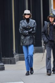 Kaia Gerber - In a leather jacket and a bucket hat in NYC