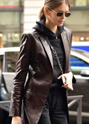 Kaia Gerber in Leather Coat - Out in Paris