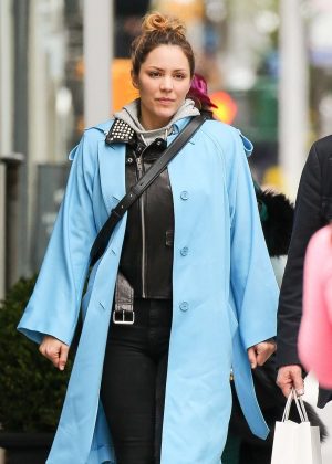 Katharine McPhee in Light Blue Trench Coat out in New York