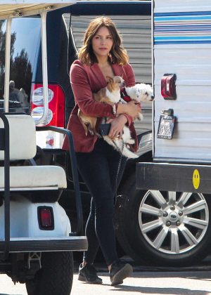 Katherine McPhee - With her dogs Wilmer and Lady on the set of 'Scorpion' in Los Angeles