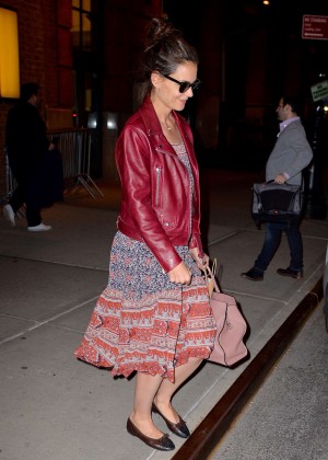 Katie Holmes in Red Leather Jacket out in New York
