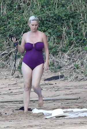 Katy Perry - In a purple swimsuit at the beach in Hawaii