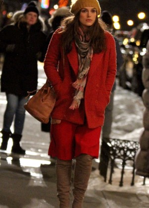 Keira Knightley in Red Coat on 'Collateral Beauty' set in NYC
