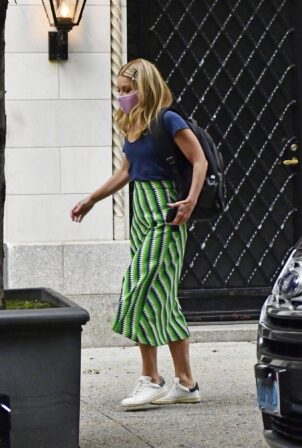 Kelly Ripa - In a stripe green skirt out in New York City
