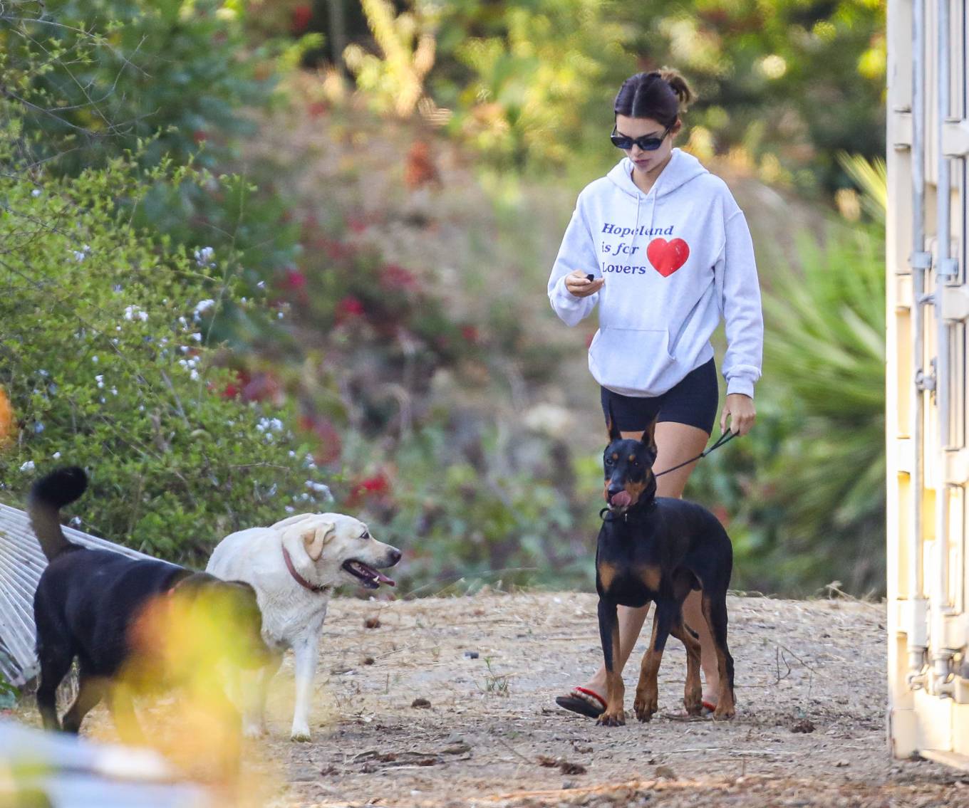 Kendall Jenner – Hiking in Malibu with doberman and dad in Malibu