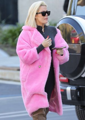 Khloe Kardashian in Pink Fur Coat - Out in Calabasas