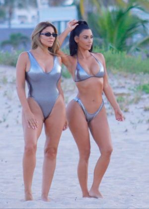 Kim Kardashian and Larsa Pippen in Bikini - Photoshoot at a beach in Miami