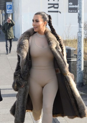 Kim Kardashian in catsuit and fur coat in Iceland