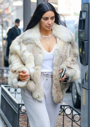 Kim Kardashian in Fur Coat Out for lunch in NYC
