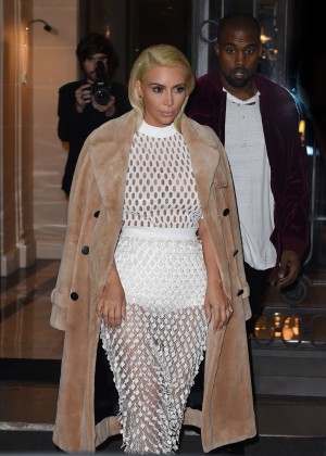 Kim Kardashian in White Mesh Dress Out in Paris
