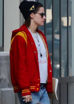 Kristen Stewart in Red Jackets Out in Paris