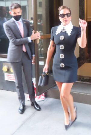 Lady Gaga - Wears a black mini dress in New York