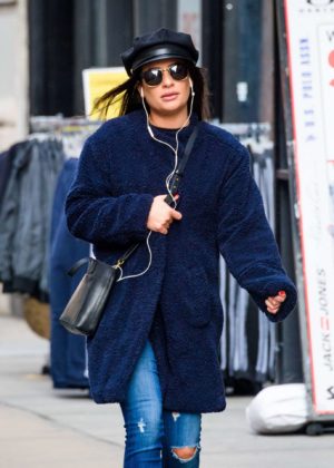 Lea Michele in Blue Coat out in New York City