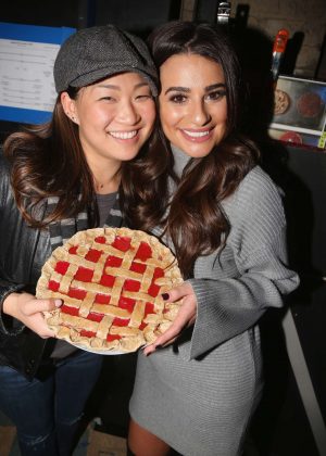 Lea Michele pose backstage at the hit musical 'Waitress' on Broadway in NYC