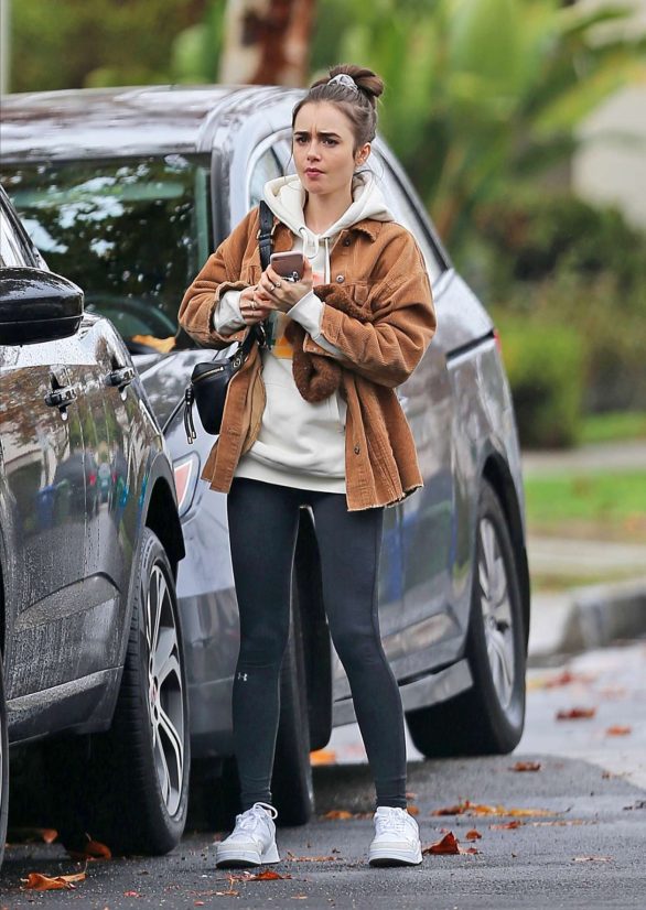 Lily Collins in Brown Jacket and Tights - Out in Los Angeles