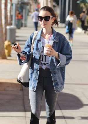 Lily Collins in Tights Leaving the gym in West Hollywood
