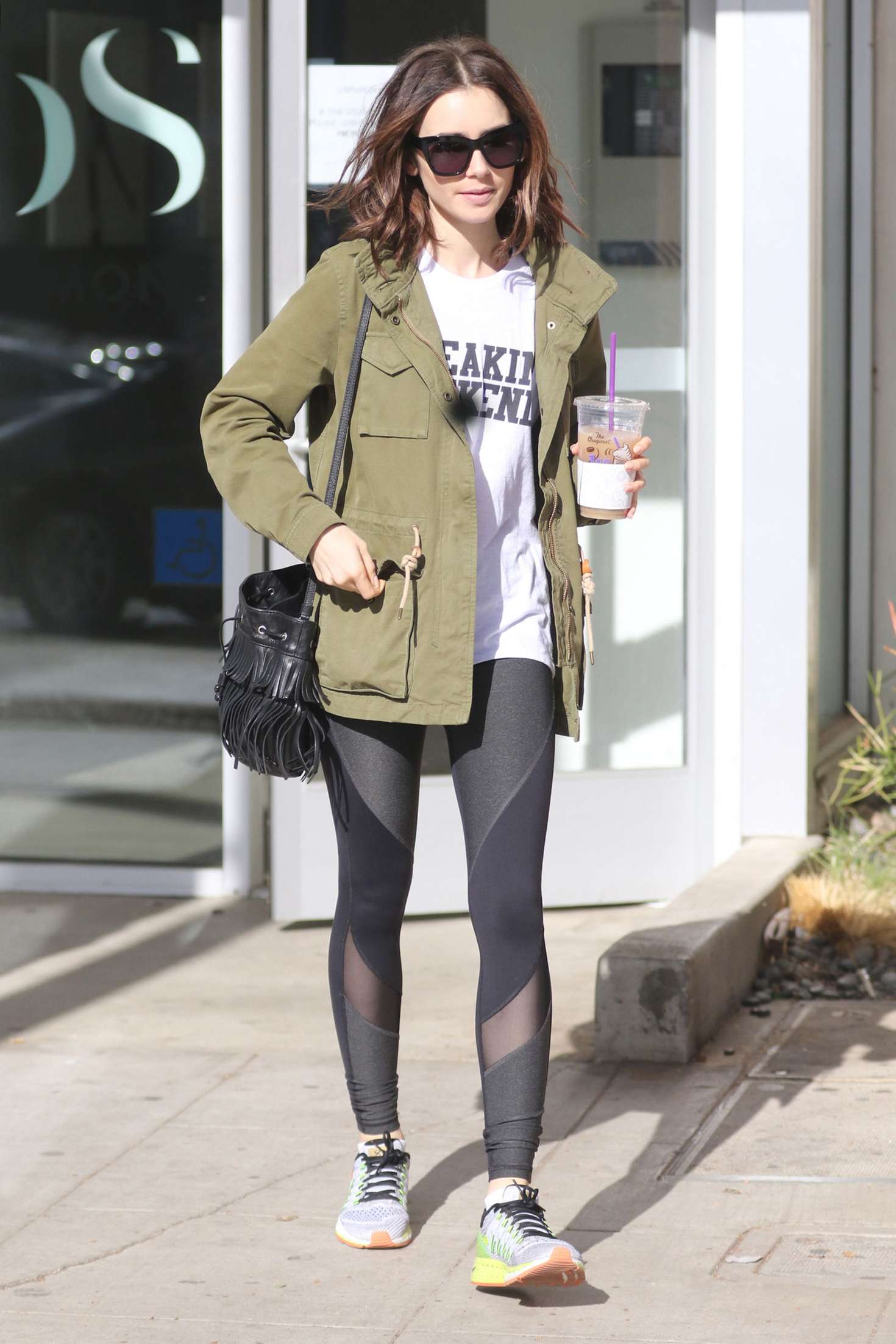 Lily Collins 2016 : Lily Collins in Tights Leaving the gym -01
