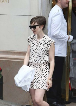 Lily Collins in Mini Dress Out in Paris