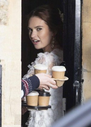 Lily James - Filming 'Four Weddings And A Funeral' in London