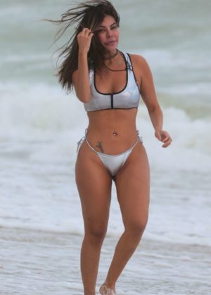 Liziane Gutierrez - Hot in a silver bikini at the beach in Miami Beach
