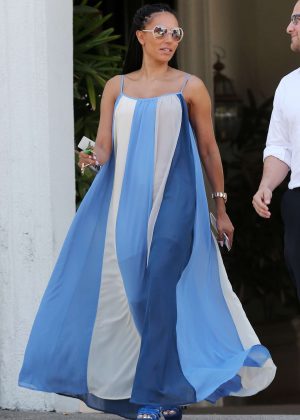 Melanie Brown - Wearing a white and blue summer dress in Los Angeles
