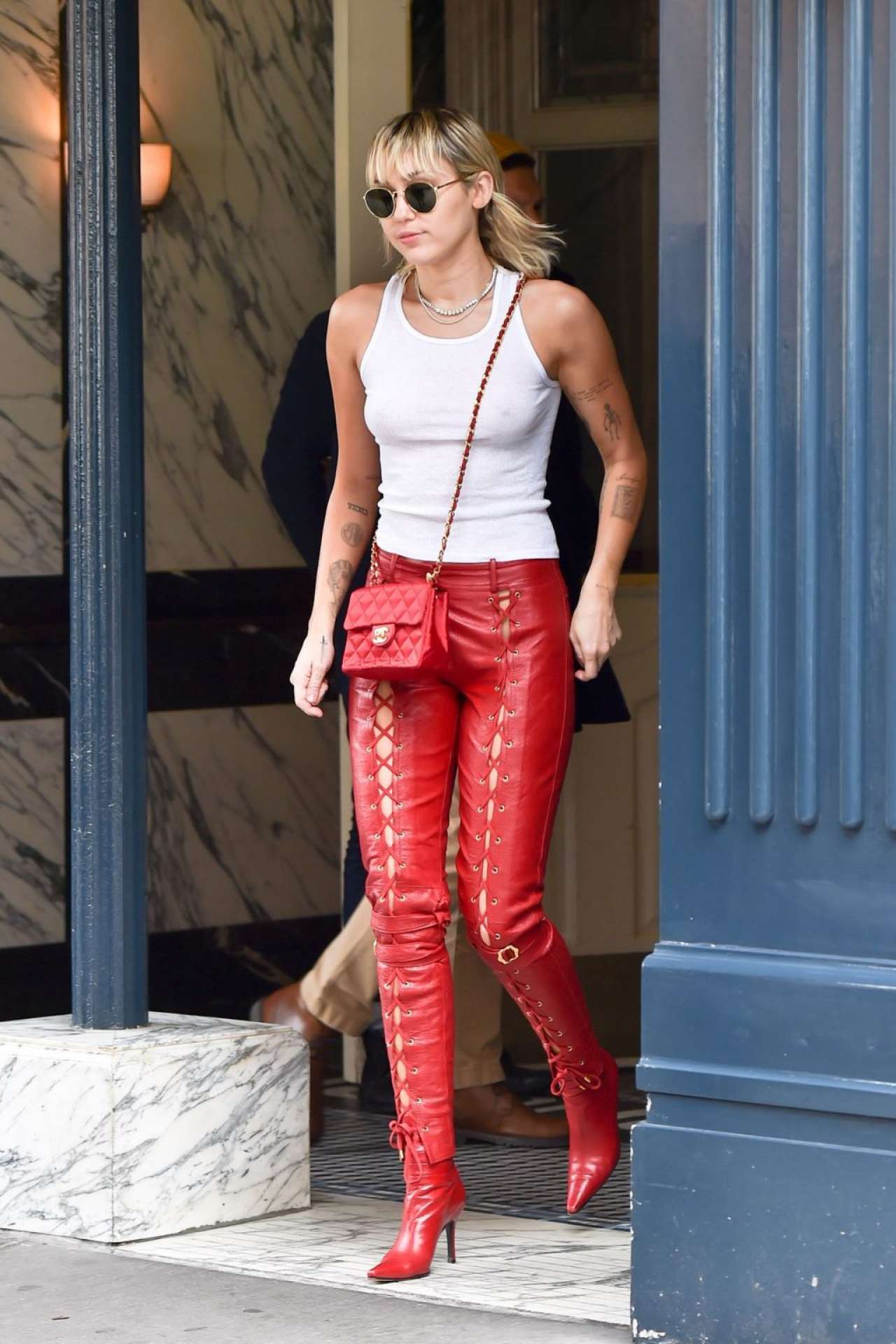Miley Cyrus - Wears Red Leather Lace Up Biker Pants-25 | GotCeleb