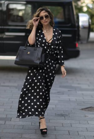 Myleene Klass - In dotted summer dress arriving at the Global Radio Studios in London