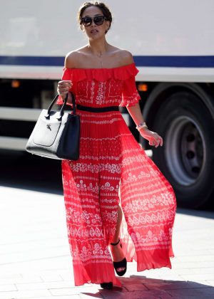 Myleene Klass in red summer dress at Global Radio in London