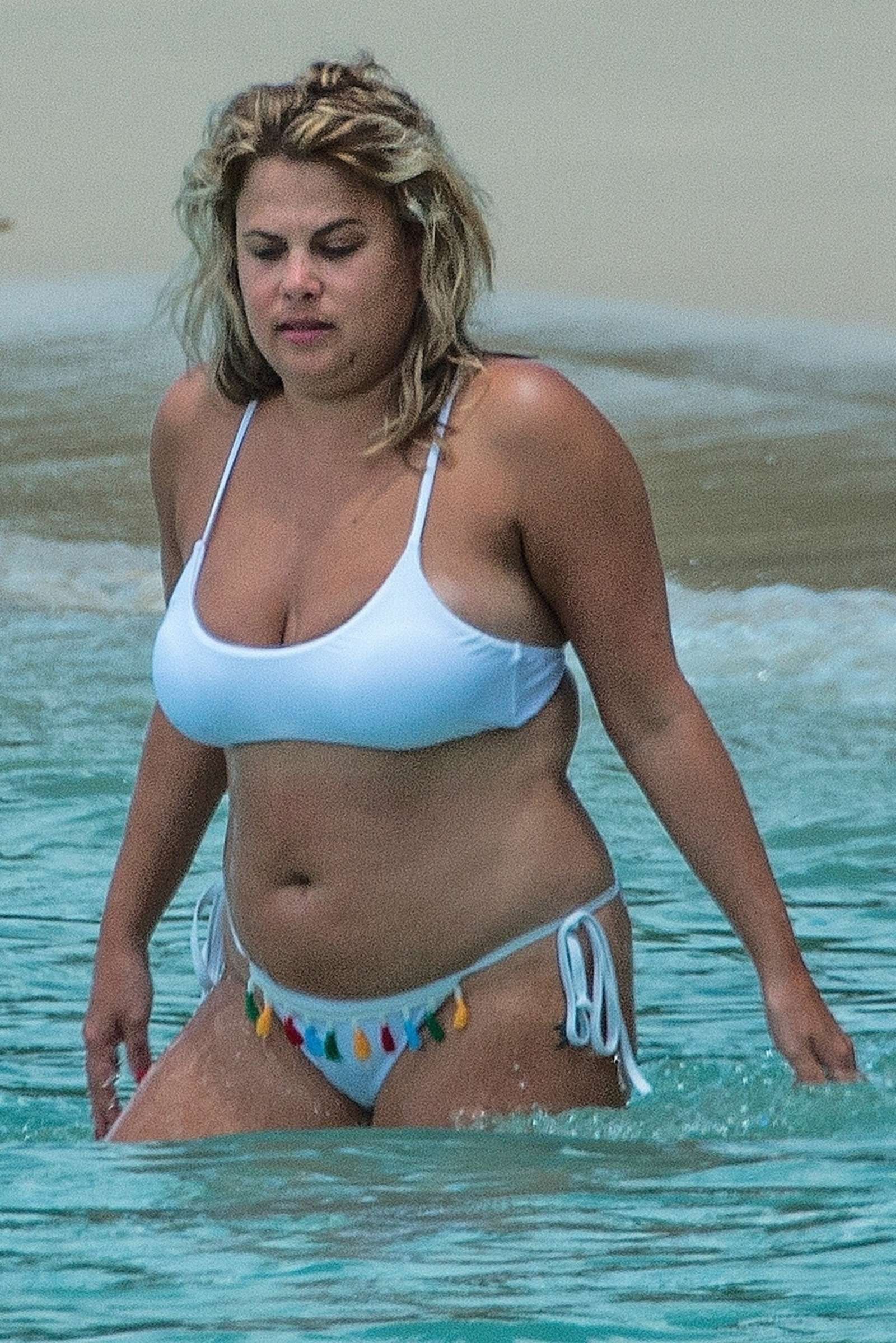 Nadia Essex in White Bikini on the beach in Barbados - GotCeleb