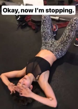 Nina Dobrev in Tights and Sports Bra Workout