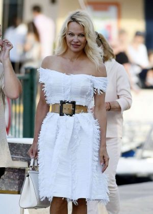 Pamela Anderson in White Dress Out in Saint Tropez