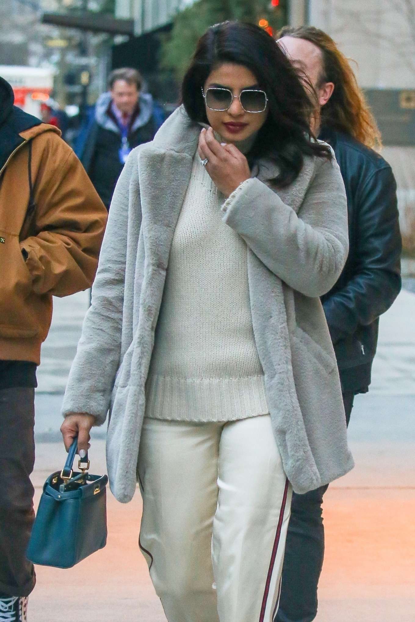 Priyanka Chopra in Grey Fur Coat - Out in Tribeca-10 | GotCeleb