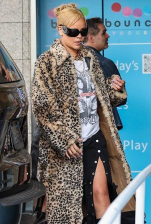 Rihanna - In a leopard print faux fur coat during an outing in Los Angeles