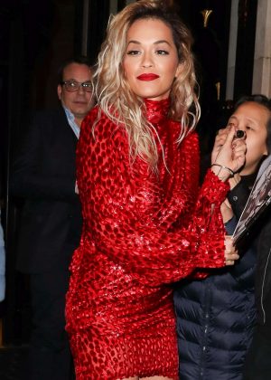 Rita Ora in Red Dress - Arriving at a party for Kilan Perfume in Paris