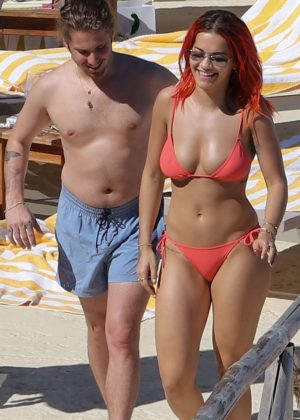 Rita Ora in Red Bikini at the beach in Tuscany
