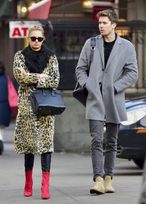 Romee Strijd in Animal Print Jacket with her boyfriend at SweetGreen in NYC