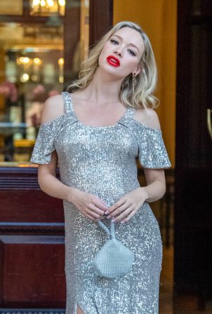 Roxy Horner - Spotted in a silver dress in Seraphine Maternity at The Landmark Hotel in London