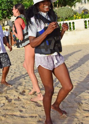 Sinitta on the beach in Barbados