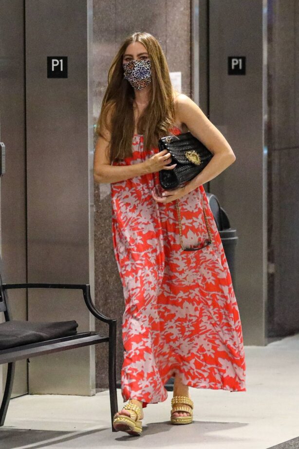 Sofia Vergara - Wearing a red floral dress while running errands in Century City