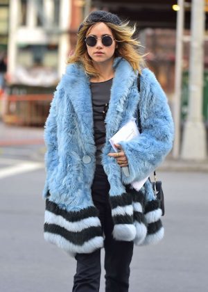 Suki Waterhouse in Blue Fur Coat out in Soho