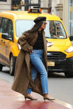 Tessa Thompson - Looking stylish in a black beret and long coat in NYC
