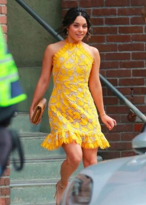 Vanessa Hudgens gin Yellow Mini Dress Filming 'Dog Days' in Los Angeles