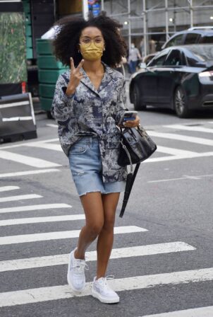 Yara Shahidi - Wears a denim shorts on Madison Avenue in New York
